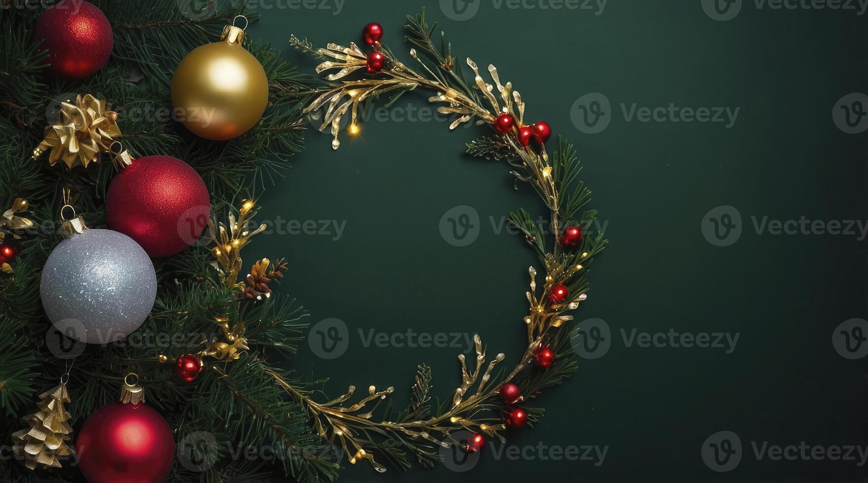 Christmas Wreath with Ornaments on Green Background for Festive Holiday Season photo