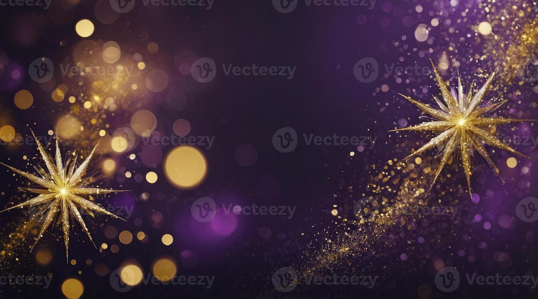 Golden Glitter Stars and Bokeh Lights Sparkling on Purple Background photo