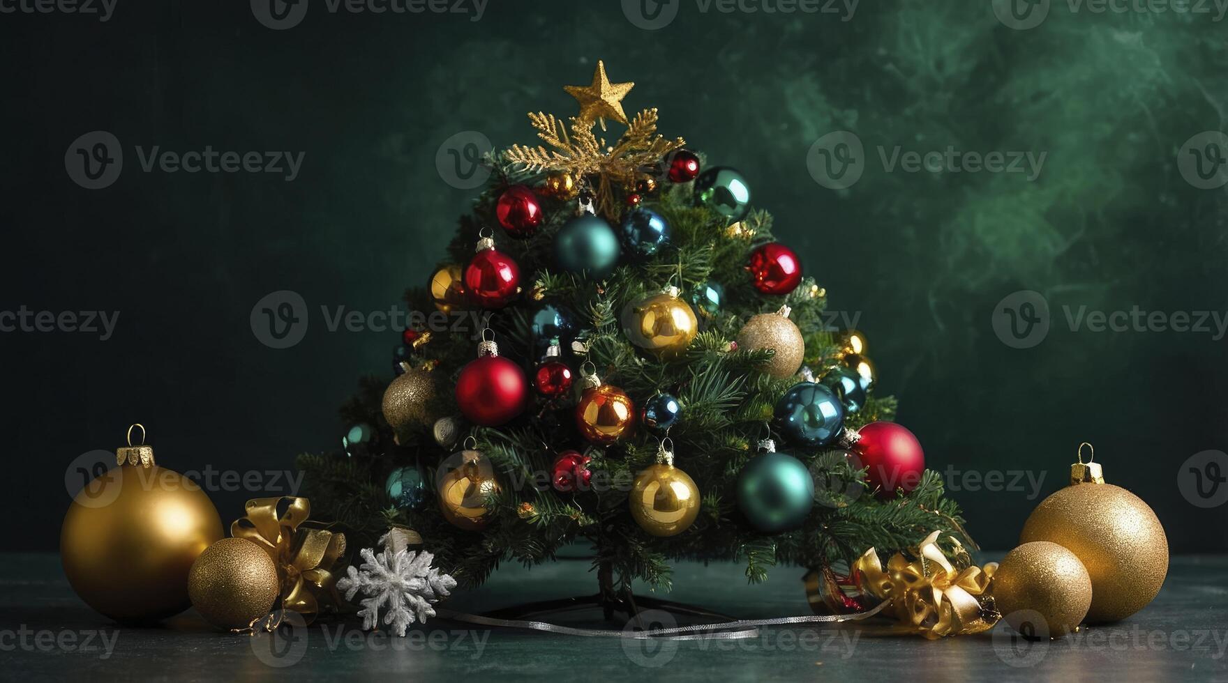 Decorated Christmas Tree with Ornaments and Star Against a Festive Backdrop photo