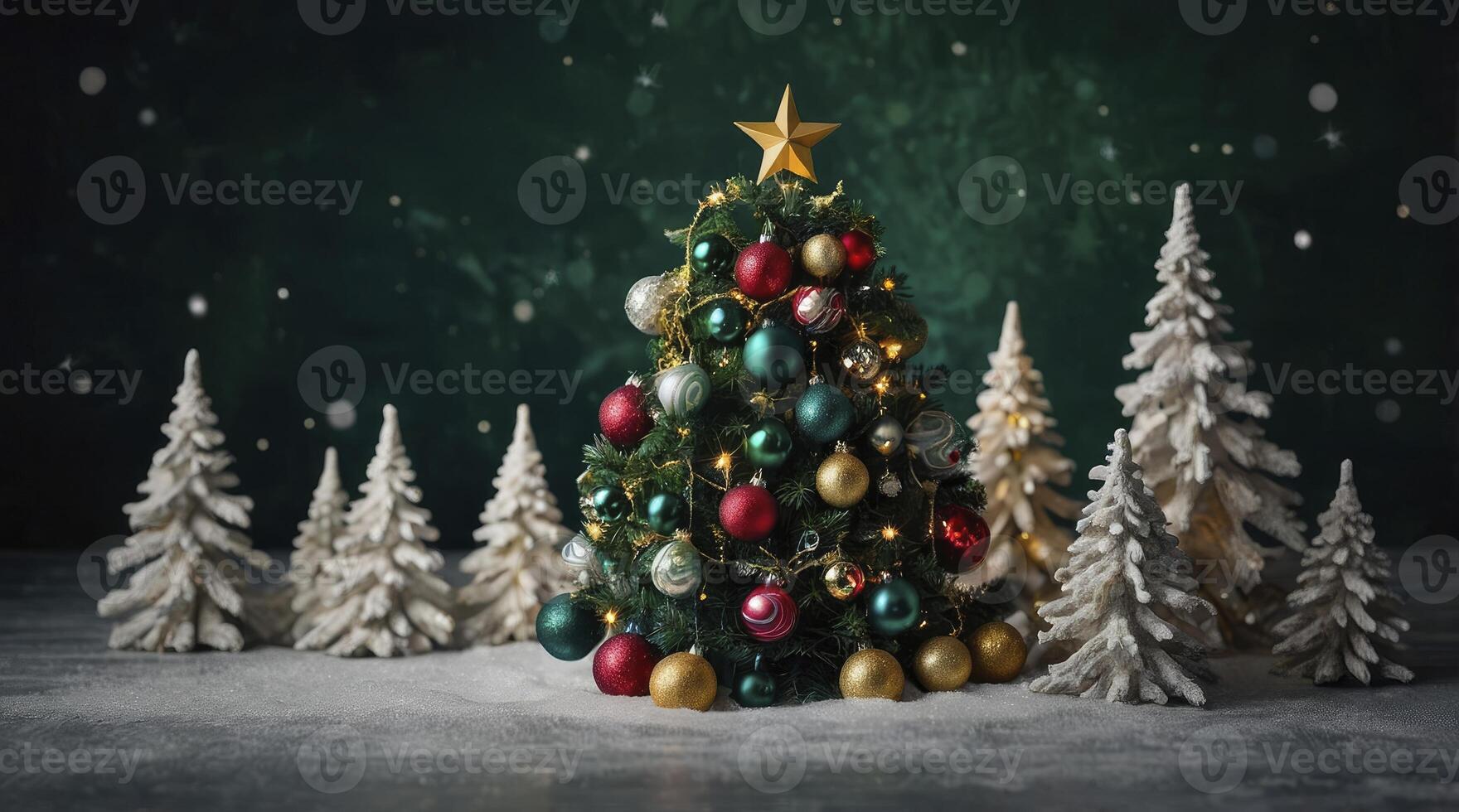 Decorated Christmas Tree with Ornaments and Snowy Evergreen Trees Scene photo