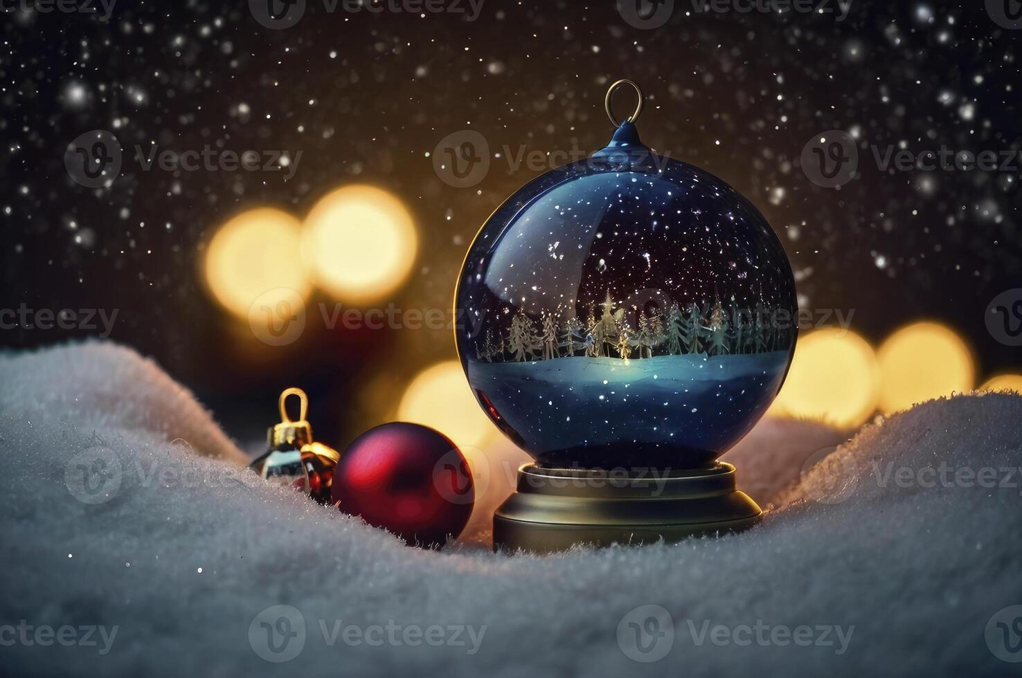 Winter Snow Globe with Christmas Ornament on Snowy Background with Lights photo