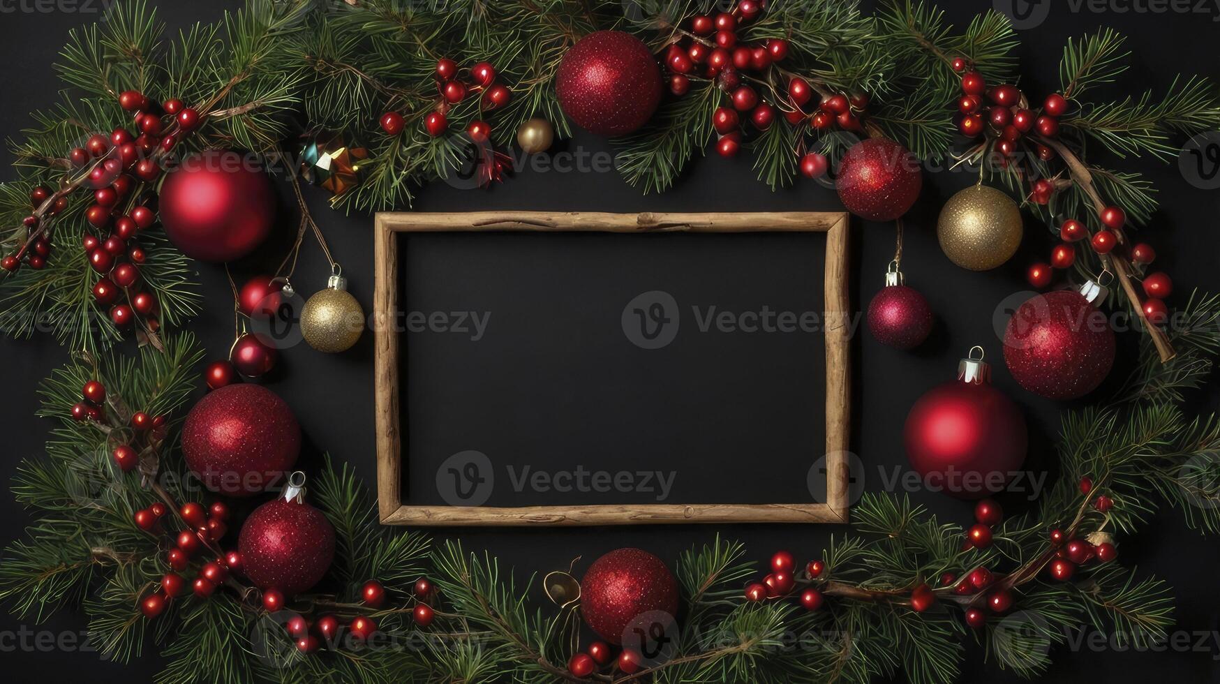 Christmas Decoration with Frame for Text on Dark Background with Ornaments photo