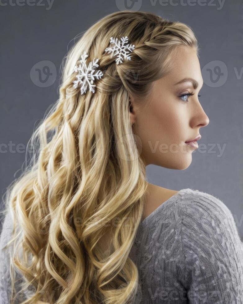 Woman with Blonde Hair and Snowflake Accessories for Winter Holiday Season photo