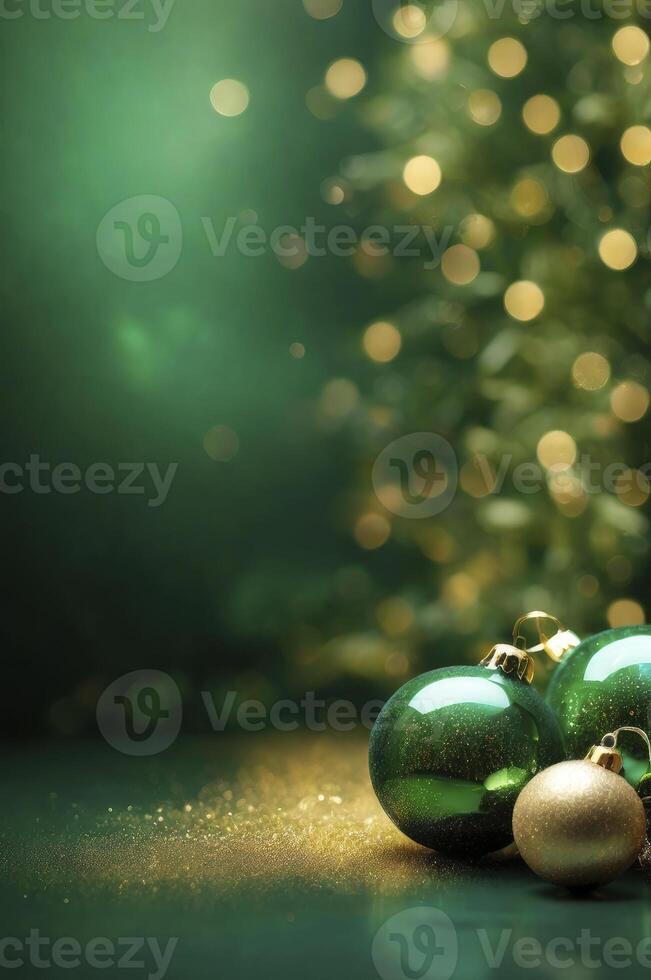 Green Christmas Ornaments with Golden Lights and Glitter Festive Still Life photo