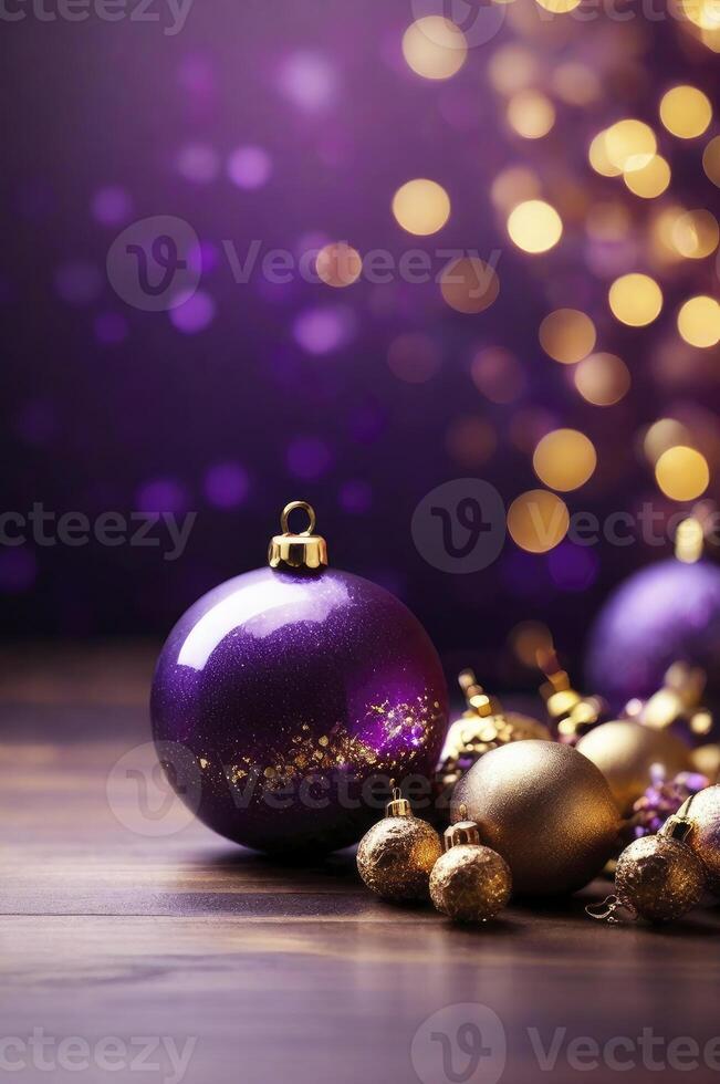Sparkling Christmas Ornaments on Wooden Table with Bokeh Background photo