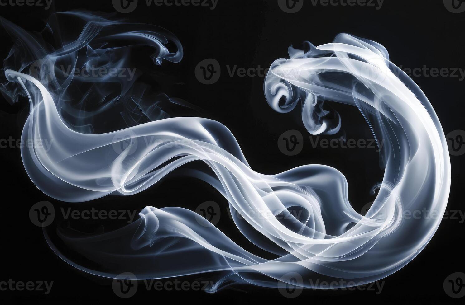 Swirling White Smoke Plumes Against Black Backdrop for Mystical Backgrounds photo