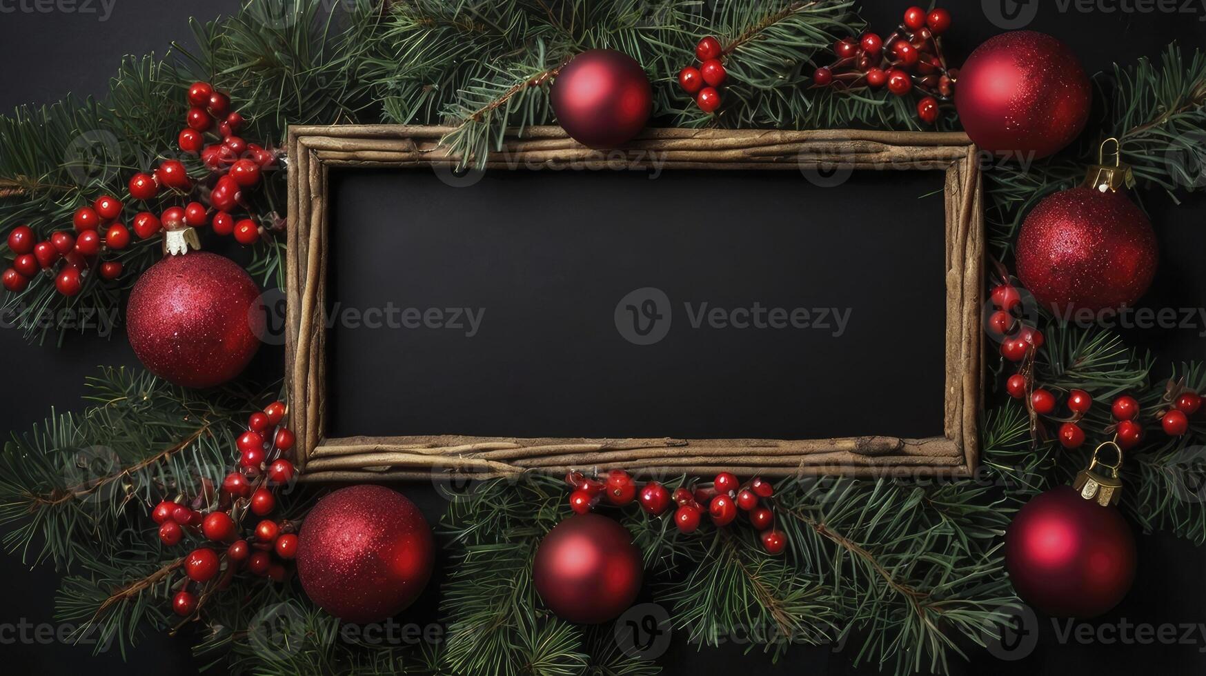 Festive Holiday Composition Frame Adorned with Ornaments and Berries on Black photo