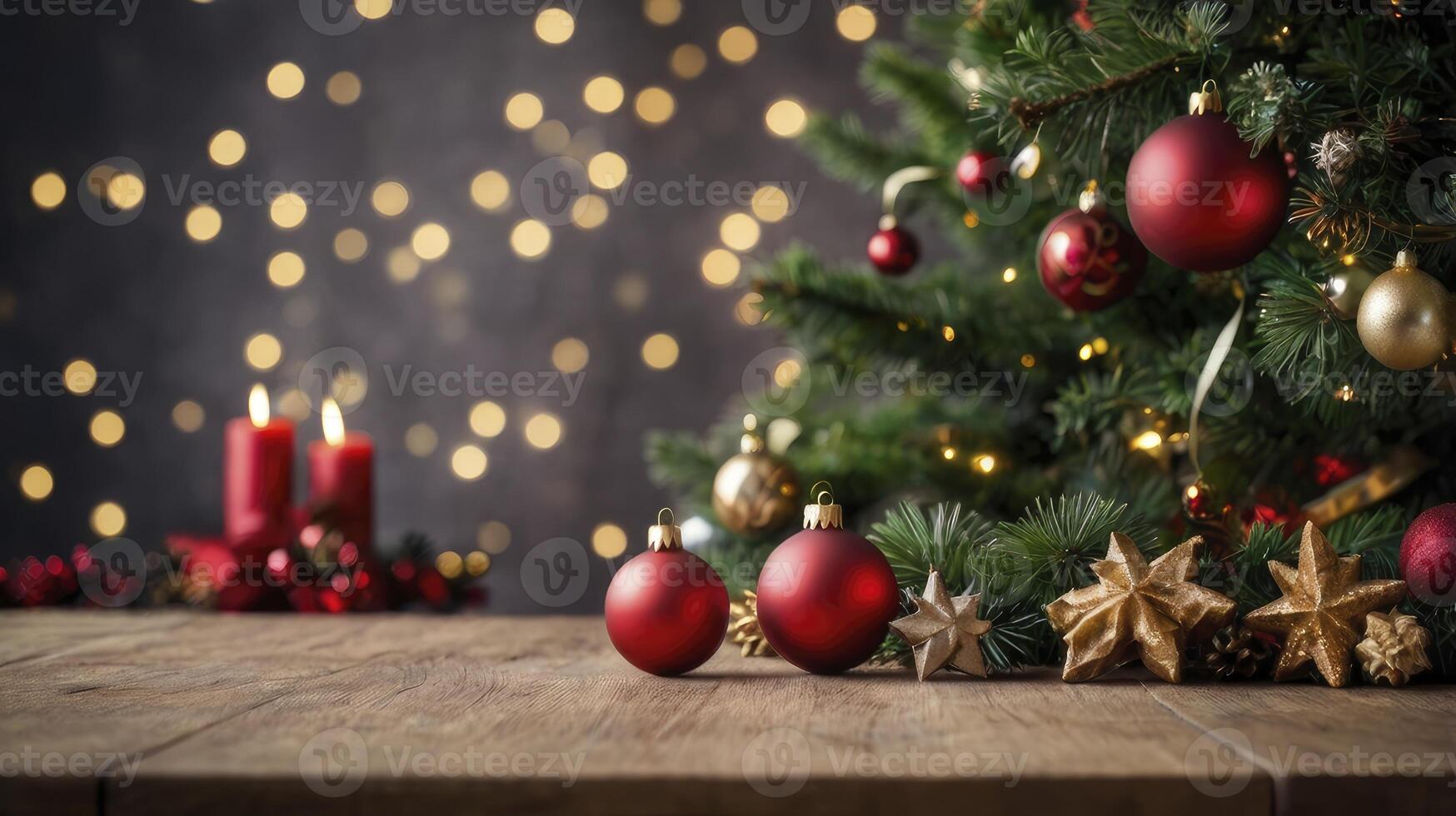 Festive Christmas Tree with Decorations and Warm Candle Light Glow photo