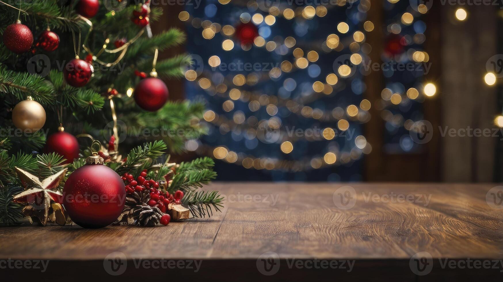 Decorated Christmas Tree with Ornaments on Wooden Table with Bokeh Lights photo