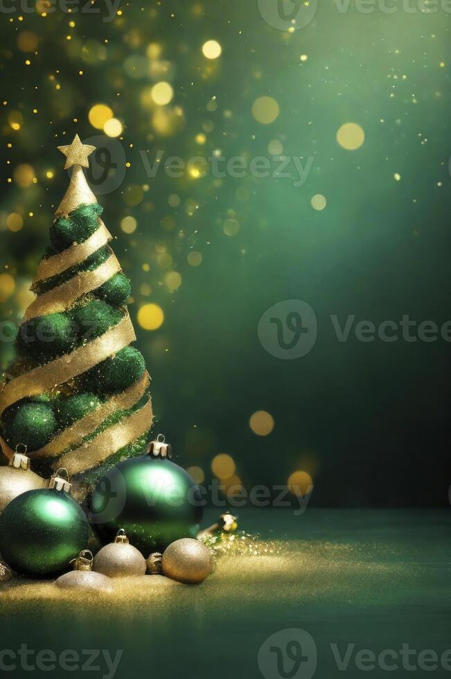 Elegant Christmas Tree and Ornaments with Bokeh Lights on Green Background photo