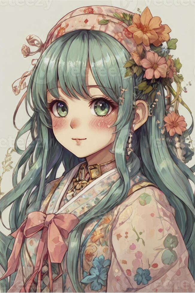 Anime Style Girl Portrait with Green Hair and Floral Decoration photo