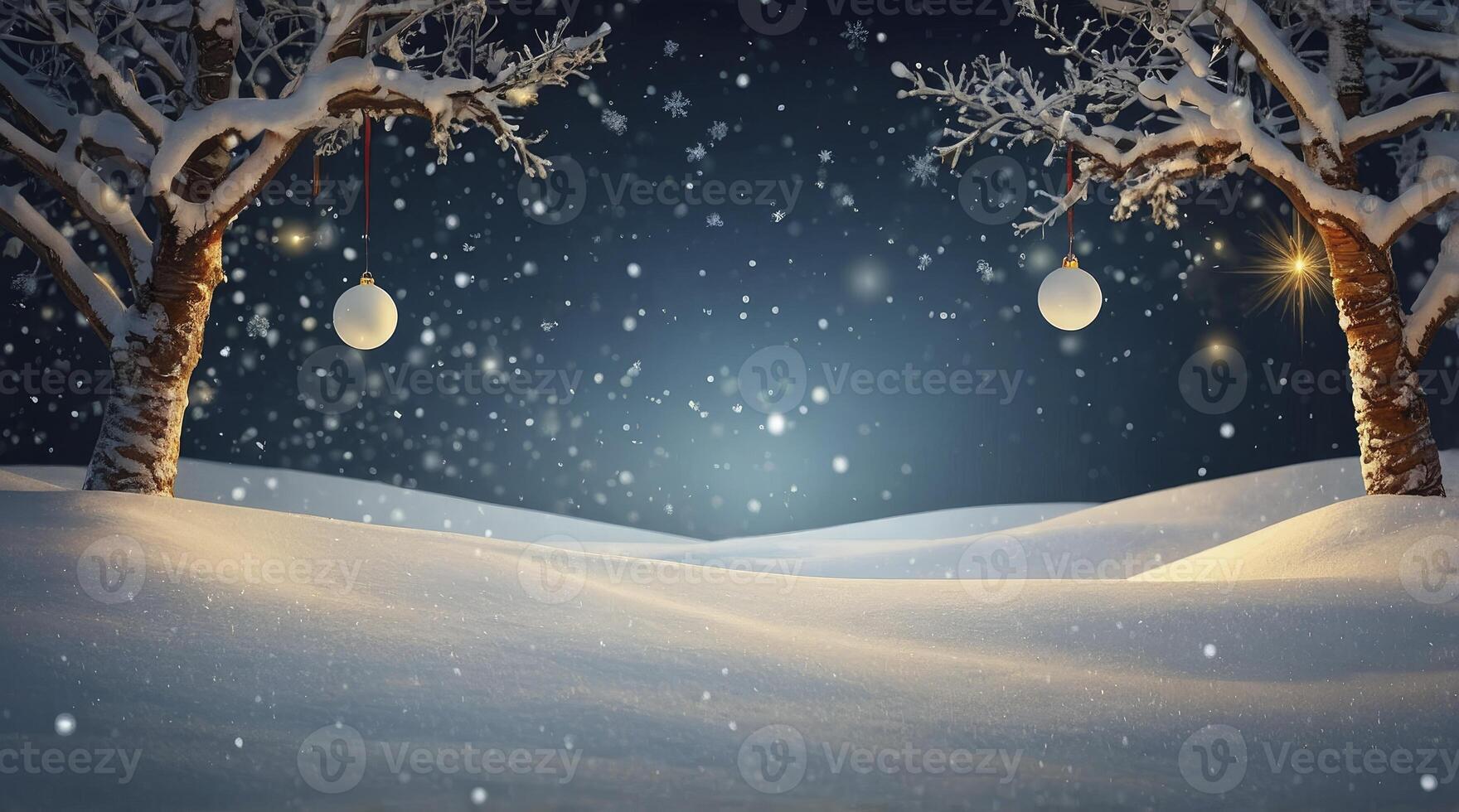 Winter Snow Scene with Decorated Trees and Falling Snowflakes photo