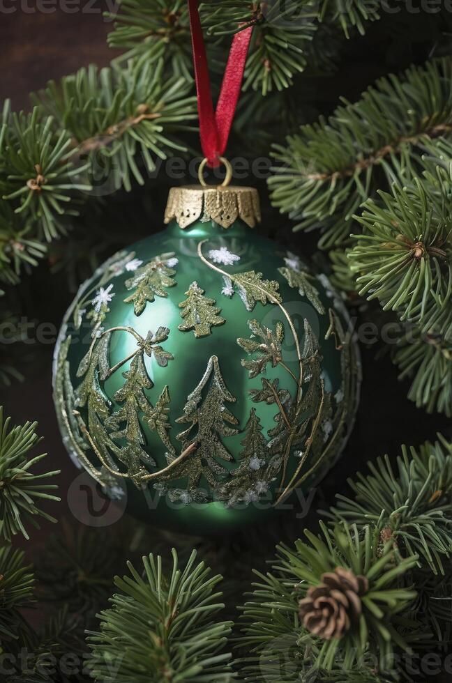 Hanging Green Christmas Ornament Decorated with Golden Trees on Fir Branch photo