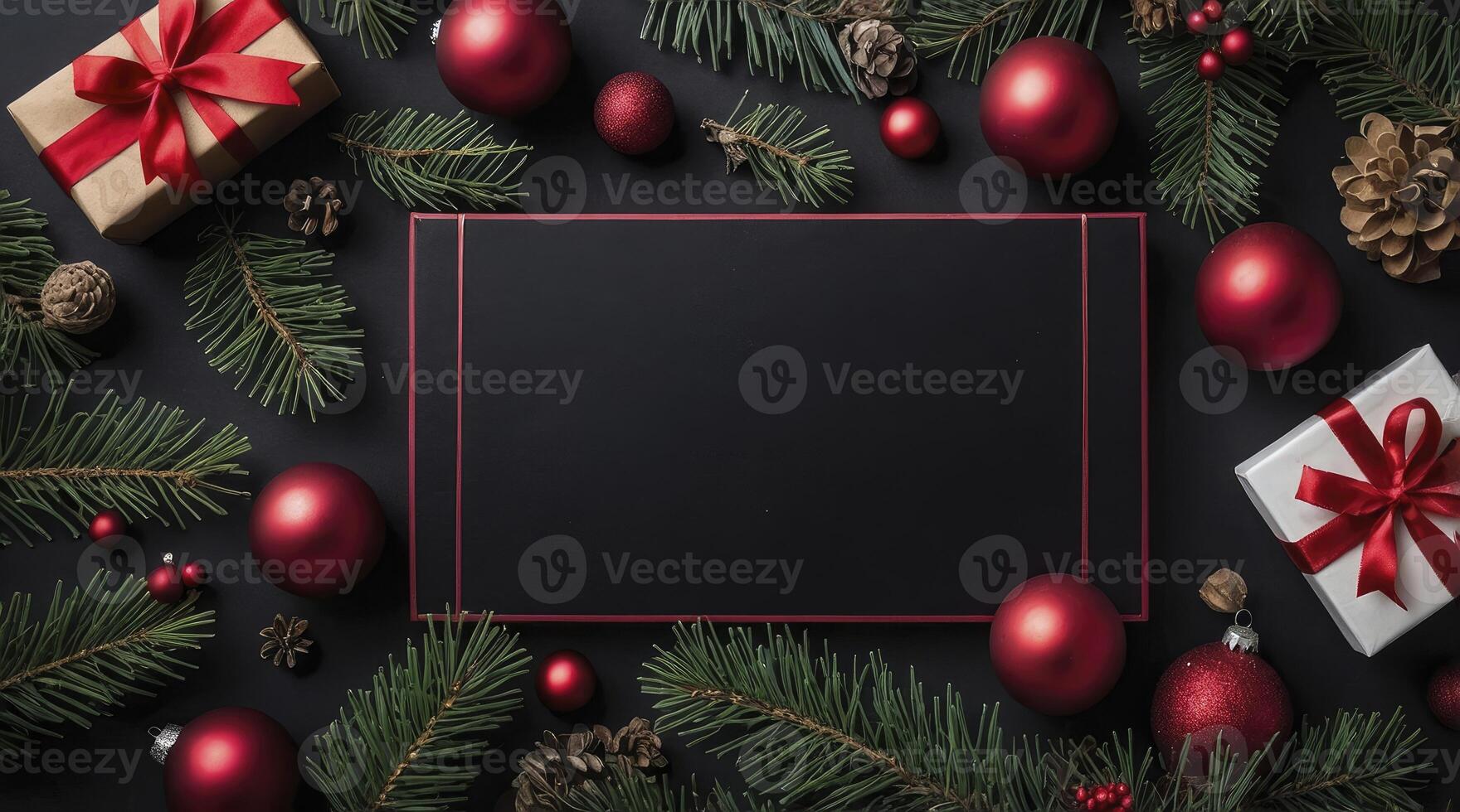 Christmas Decoration with Presents, Ornaments, and Empty Frame for Message photo