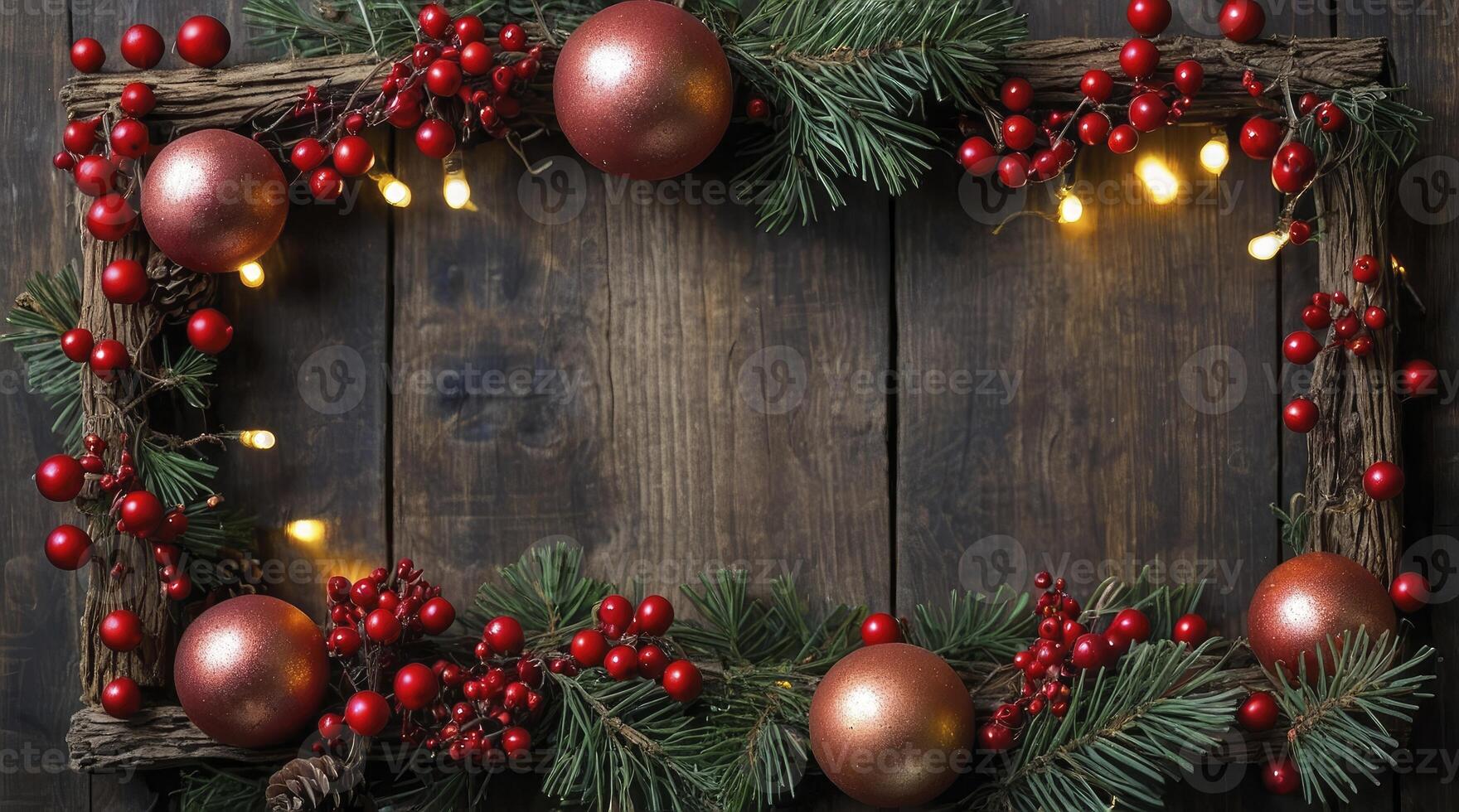 Creating Festive Christmas Background with Ornaments and Berries on Wood photo
