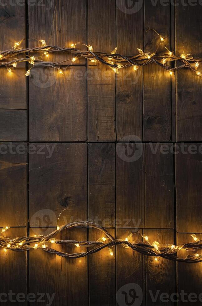 String Lights on Rustic Wooden Planks Creating a Warm Festive Ambience photo