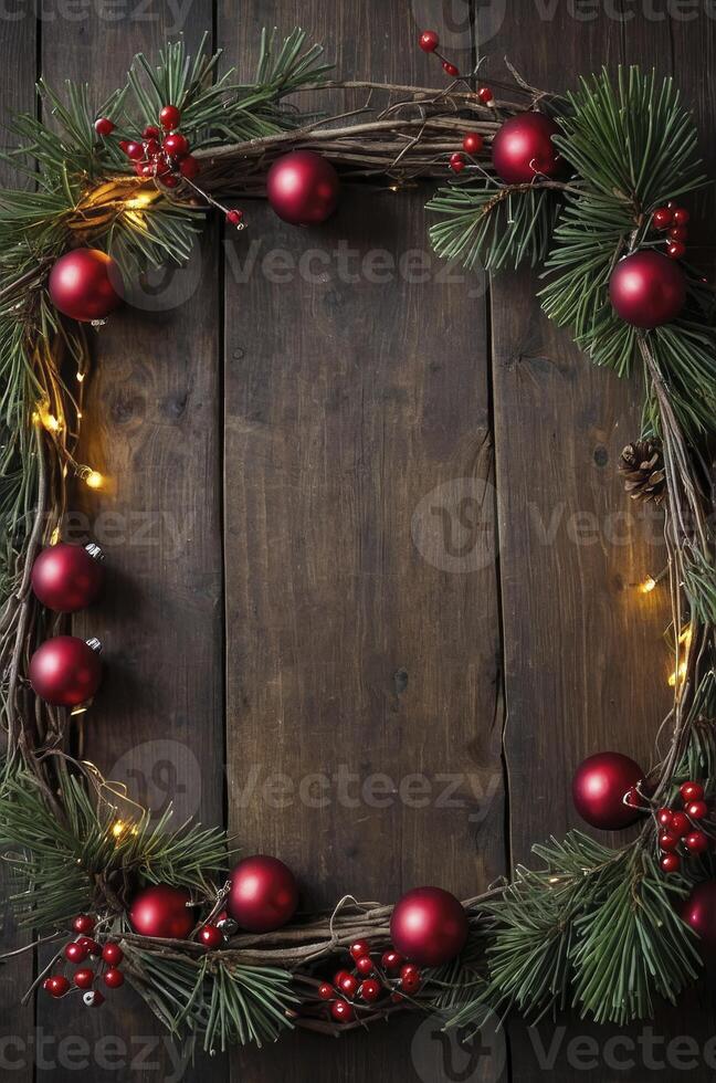 Christmas Wreath with Red Ornaments on Rustic Wooden Background for Holiday Projects photo