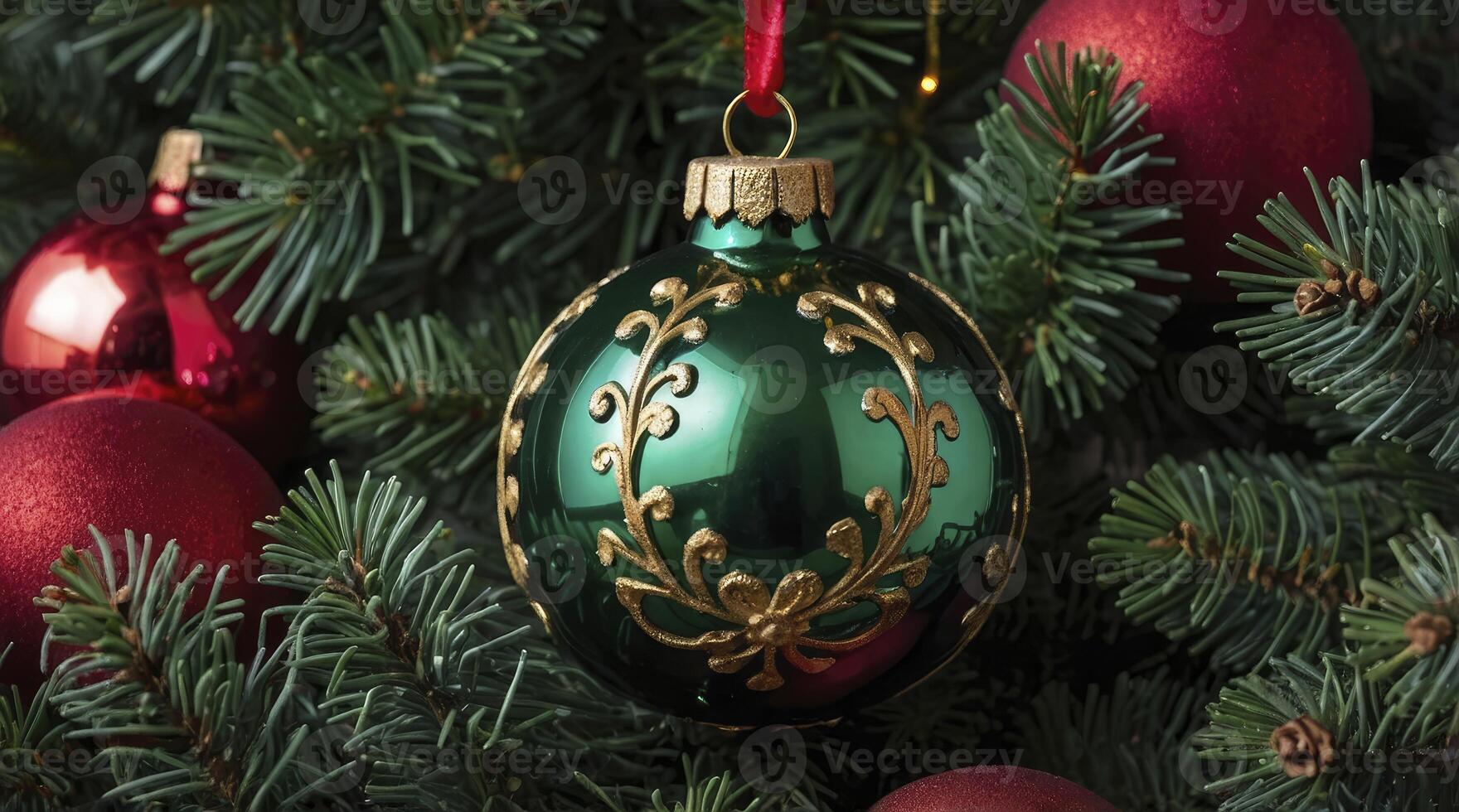 Close-up of Christmas Ornaments on Evergreen Tree Branches for Festive Decoration photo