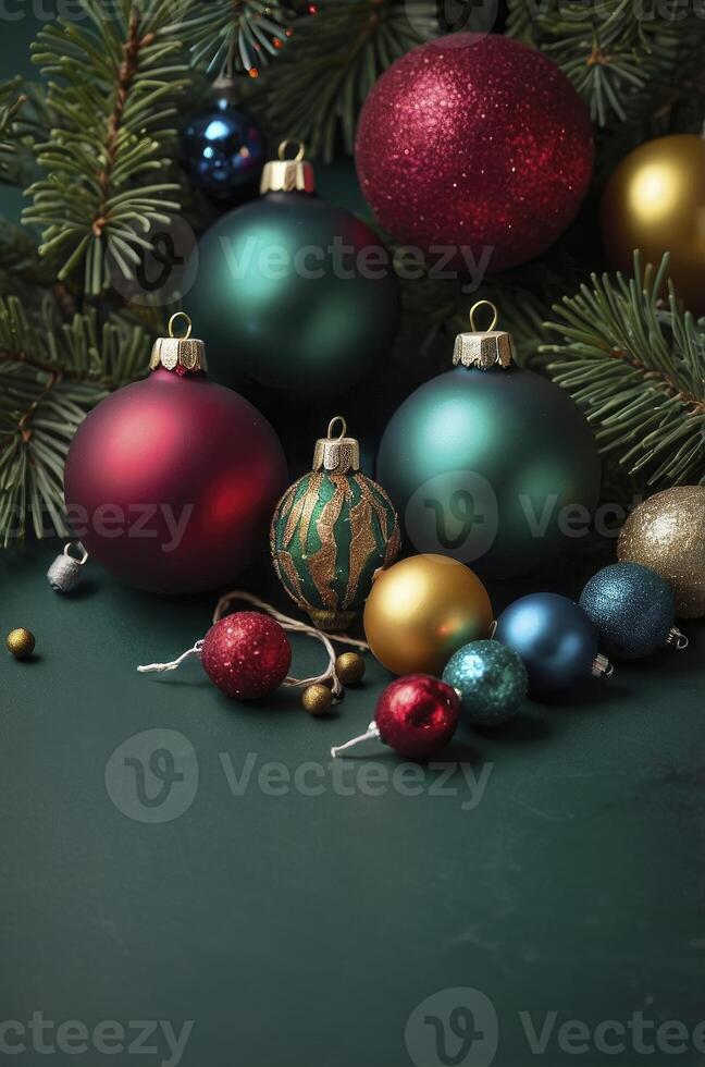 Christmas Ornaments on Green Background with Pine Bough and String photo