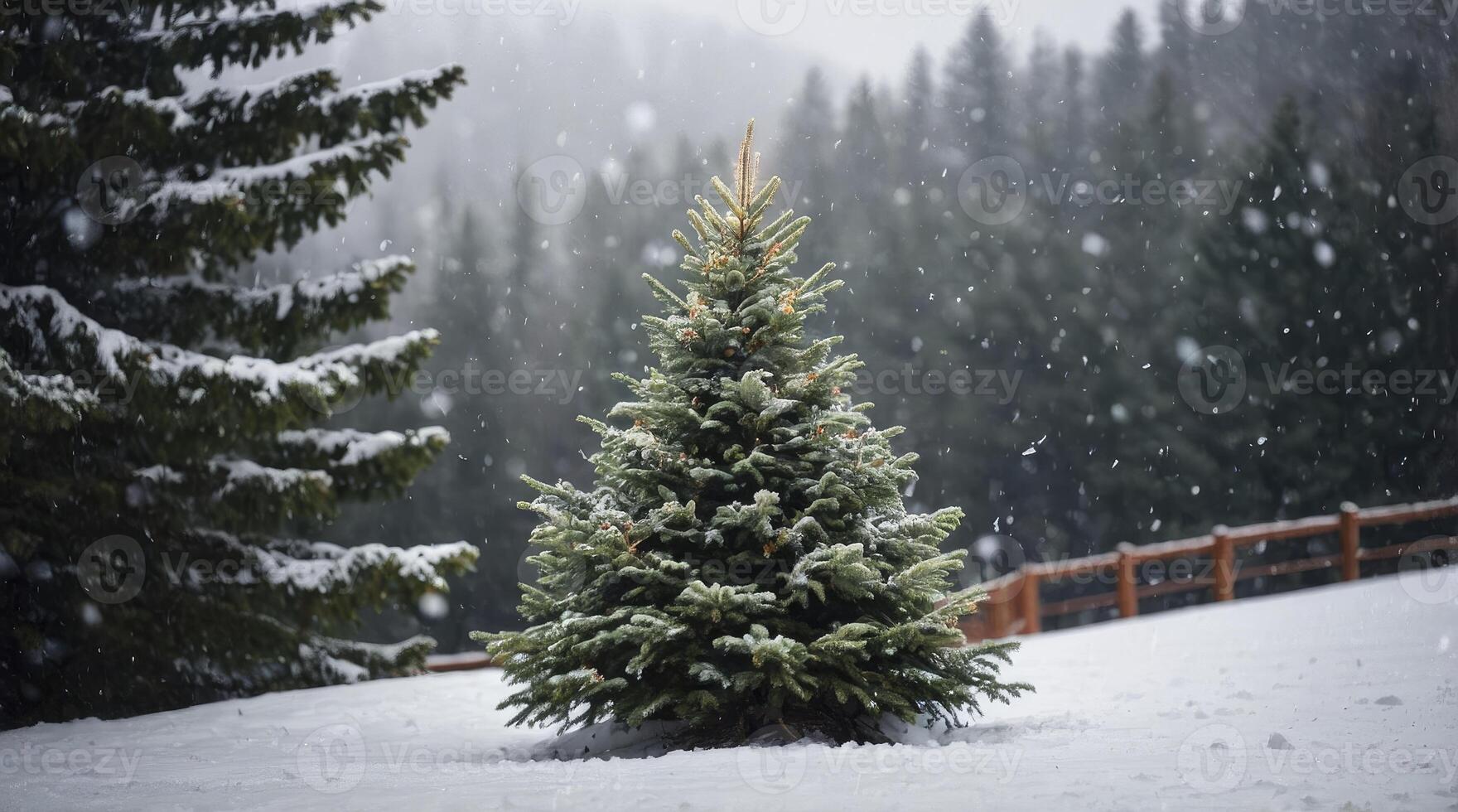 Evergreen Tree Standing Alone in Snowy Field During a Winter Storm photo