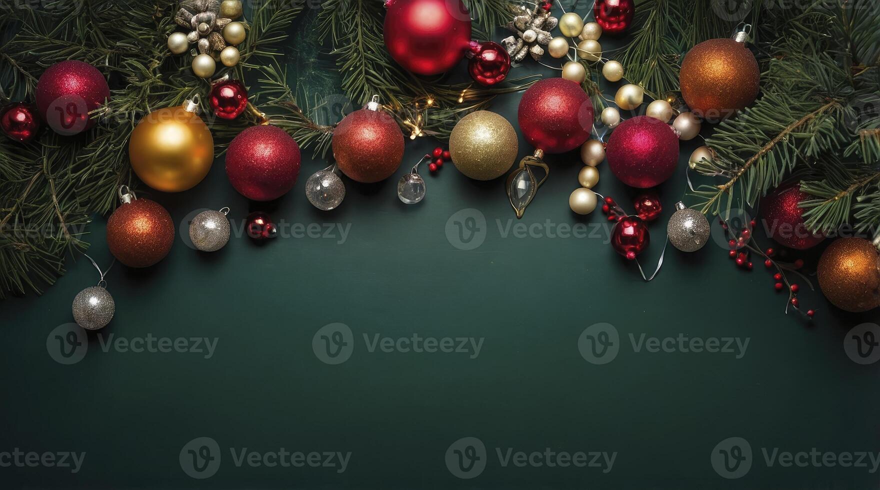 Christmas Ornaments and Pine Branches on Dark Green Background Holiday Decor photo