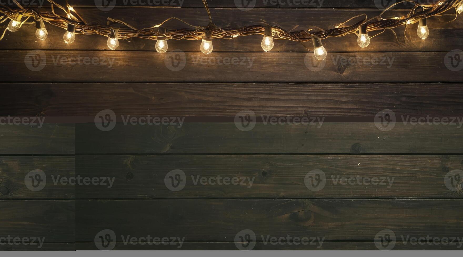 String Lights Glowing on Rustic Wooden Wall for Festive Decoration photo