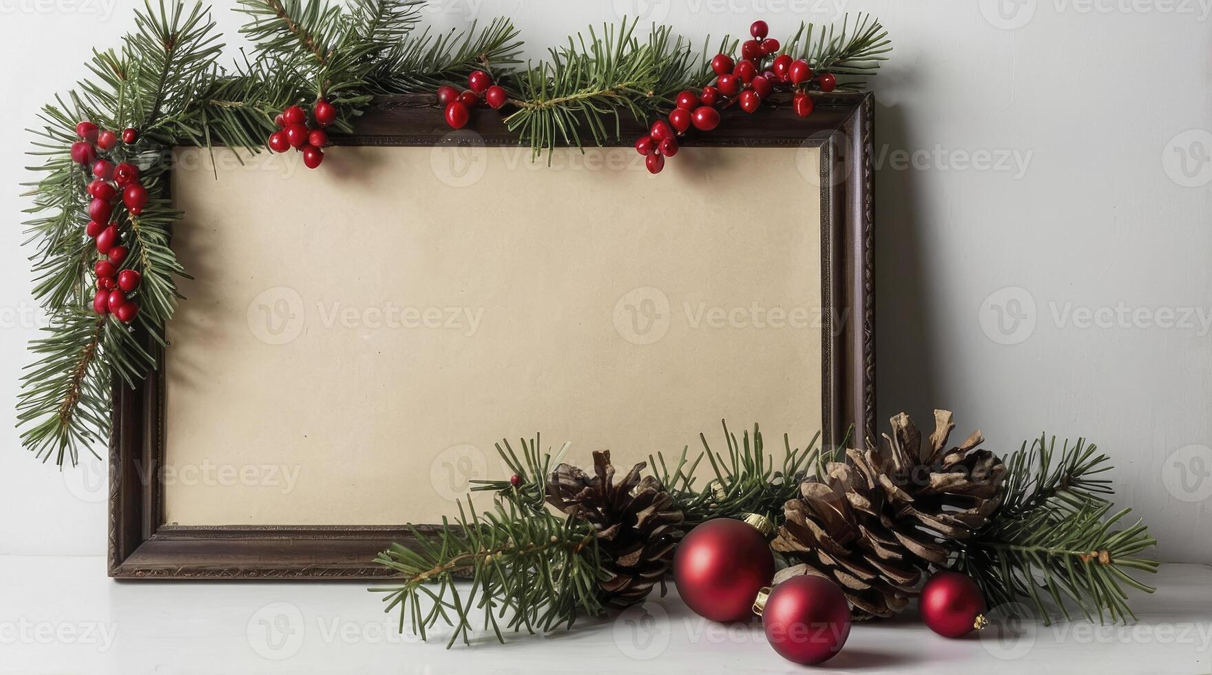 Christmas Frame Mockup with Ornaments Pinecones and Red Berries Decoration photo