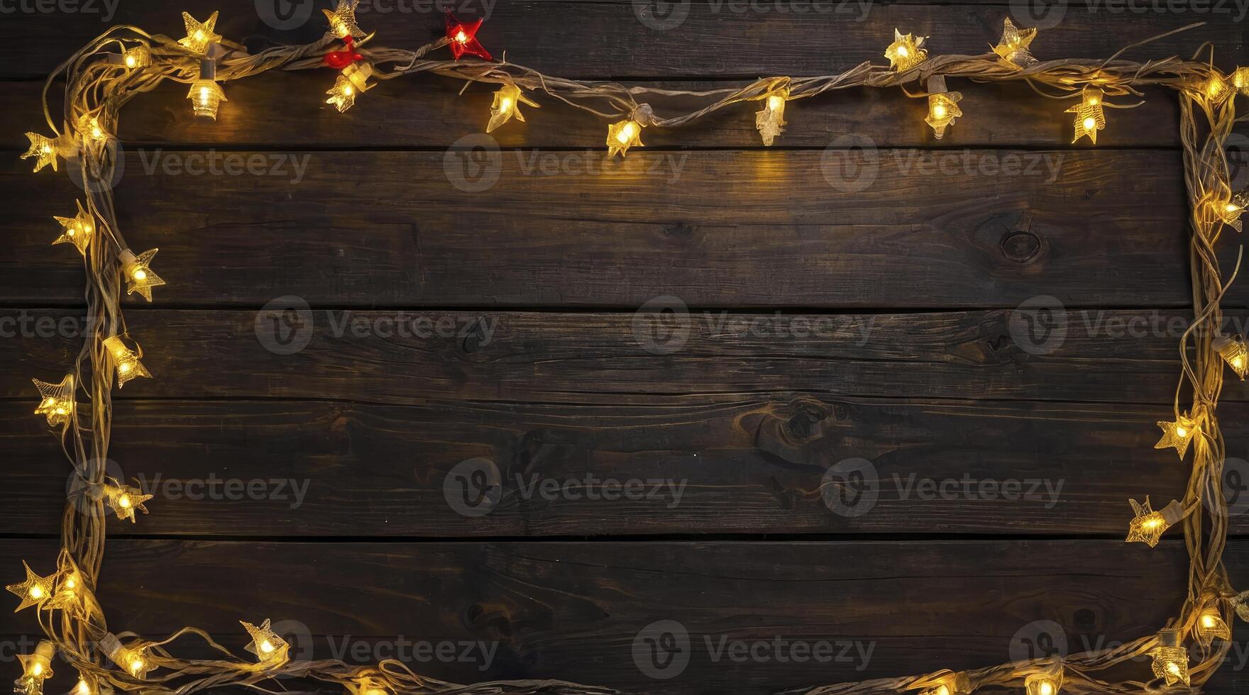 Festive Star String Lights Frame on Dark Wood Background for Christmas photo