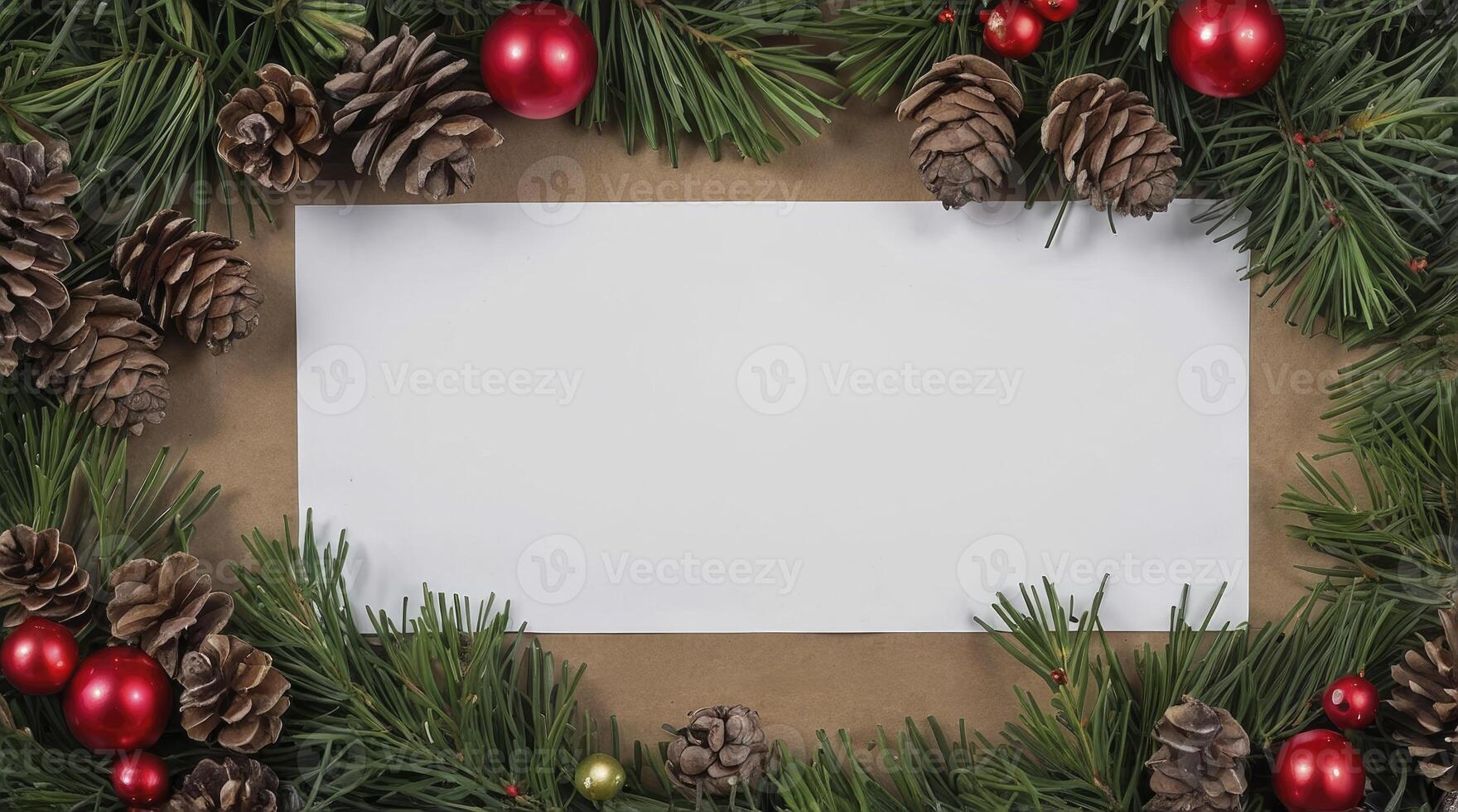 Christmas Decoration with White Card Holiday Background for Greetings and Invitations photo