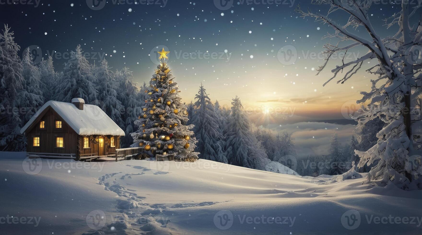 Winter Cabin with Christmas Tree and Snow in a Forest Scene photo