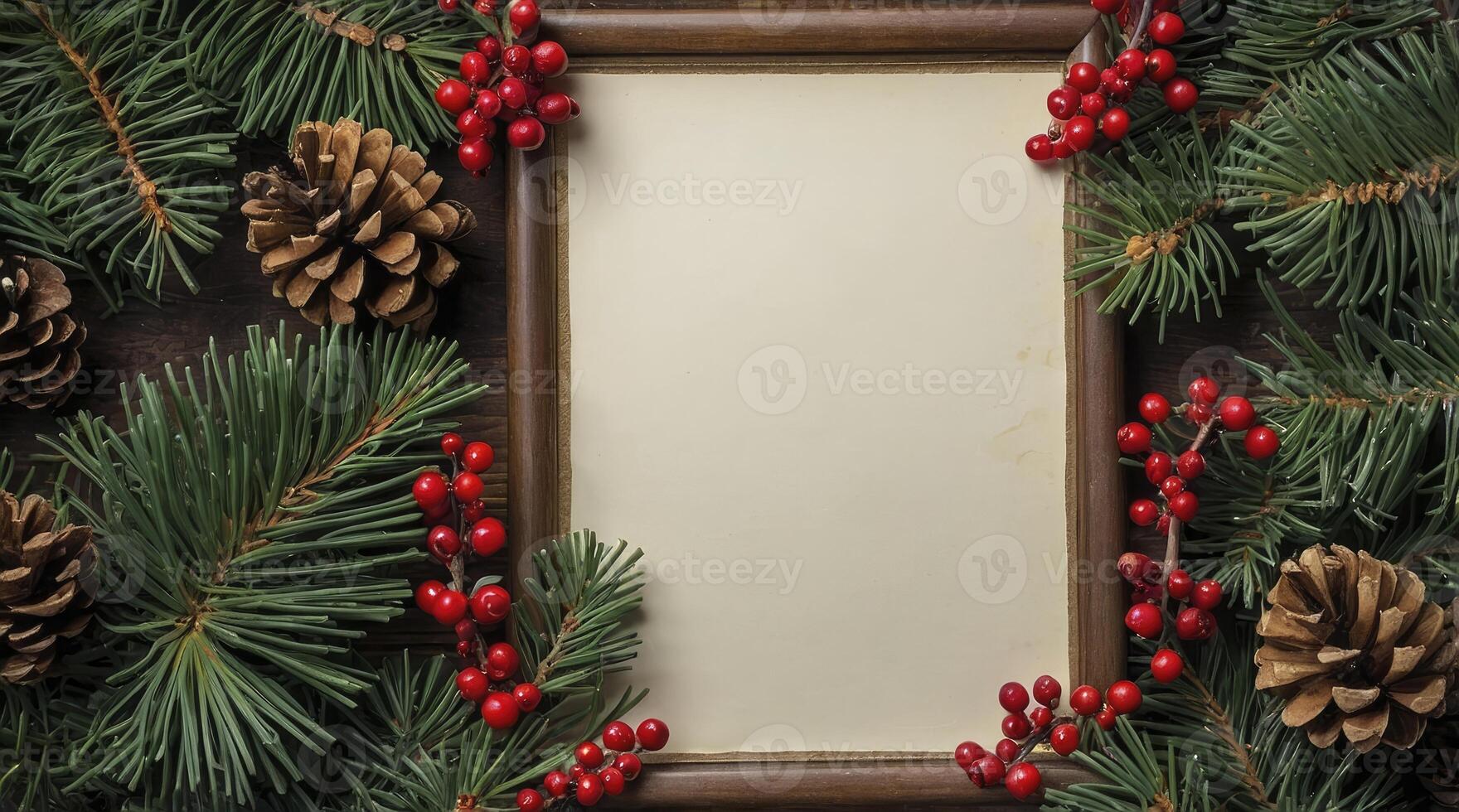 Christmas Frame with Pine Cones and Berries for Festive Greetings photo