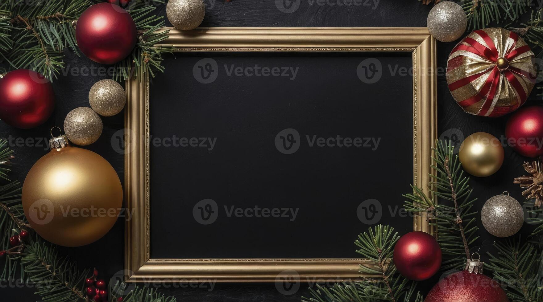 Christmas Ornaments and Evergreen Branches Framing a Blank Chalkboard Space photo