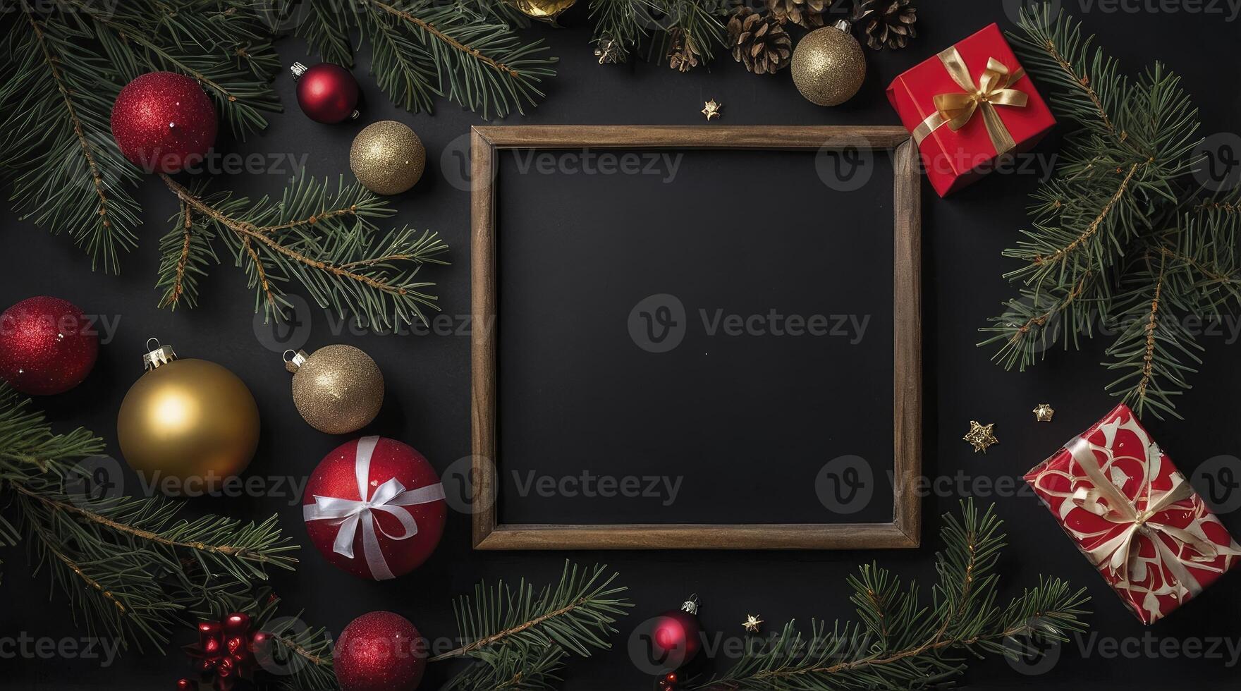 Festive Christmas Decoration with Blank Frame Ornaments and Gift Boxes photo