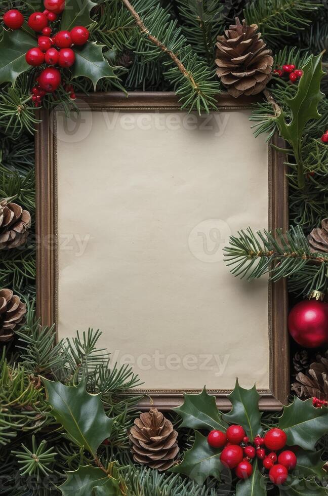 Festive Frame with Holiday Greenery Pinecones and Berries for Custom Messages photo