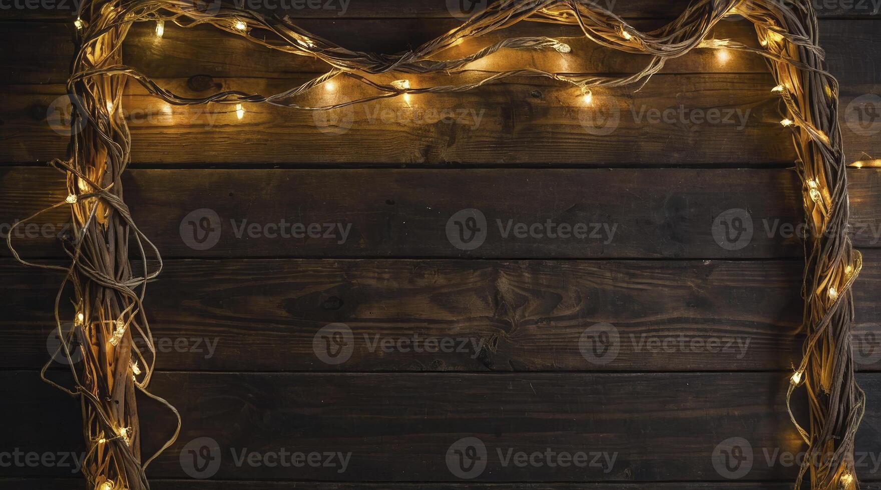 Rustic Wooden Backdrop with Twig Frame and Warm Fairy Lights Decoration photo