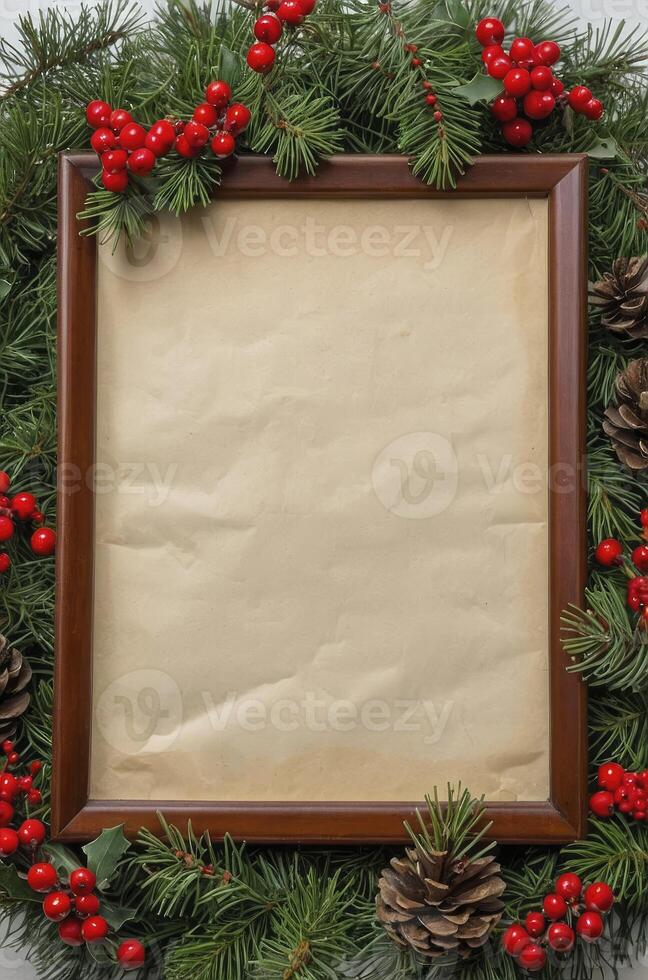 Festive Frame with Pine Branches and Berries on Beige Paper photo