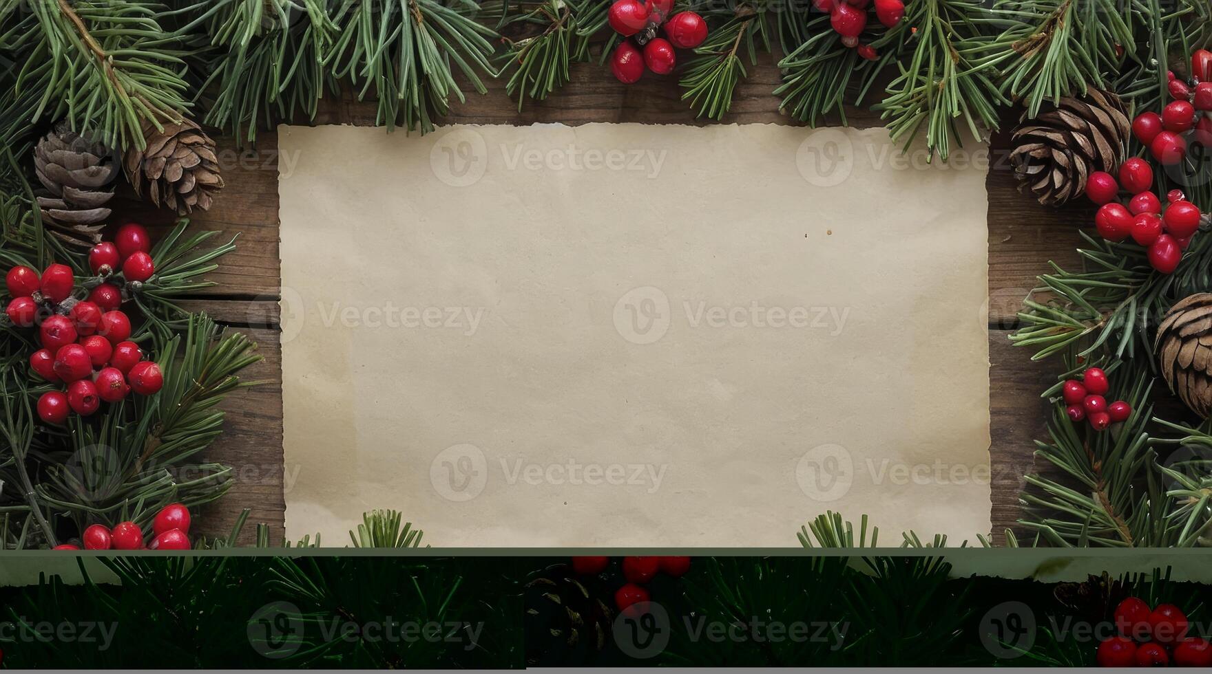 Craft Paper with Christmas Pine Branches, Berries and Cones on Wood photo