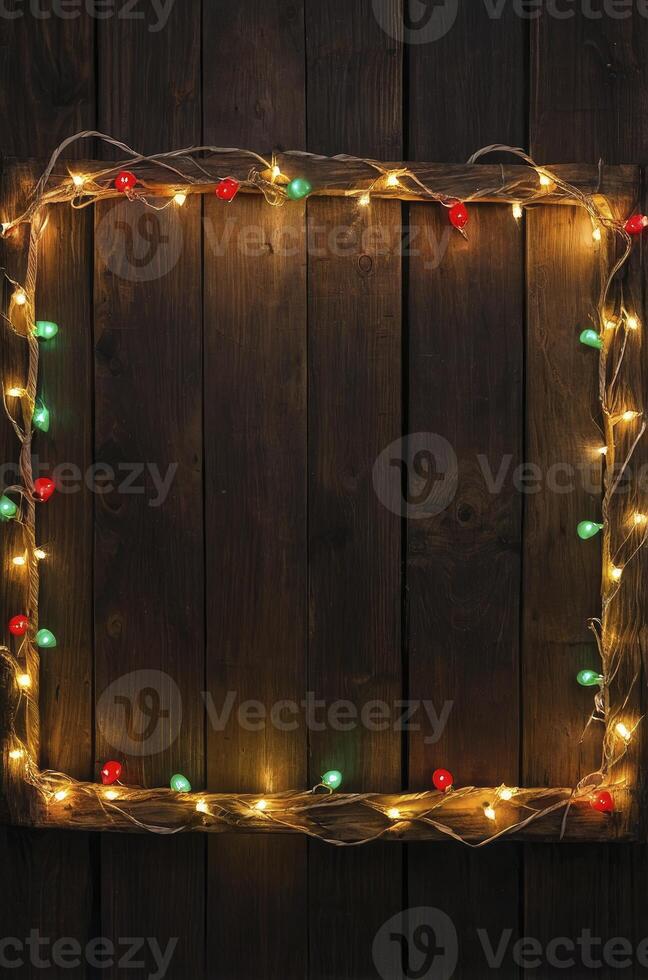 Festive Lights Frame on Wood Background for Holiday Message photo