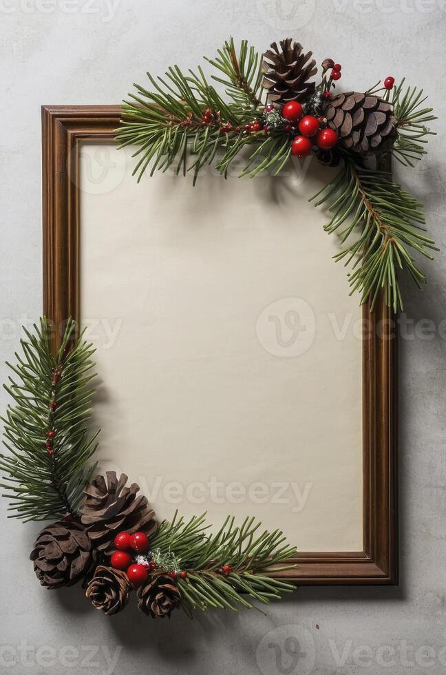 Holiday Frame Decorated with Pine Cones and Berries for Festive Greetings photo