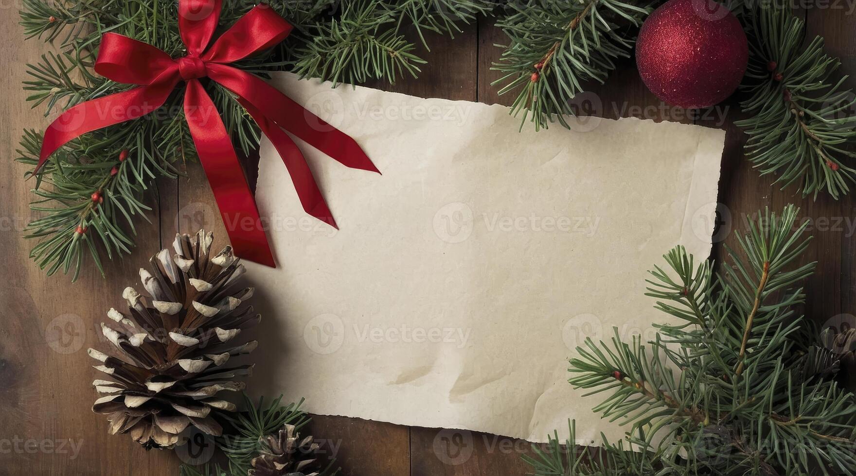 Christmas Decoration with Paper, Pine Branches, Cone and Ornament Overhead photo