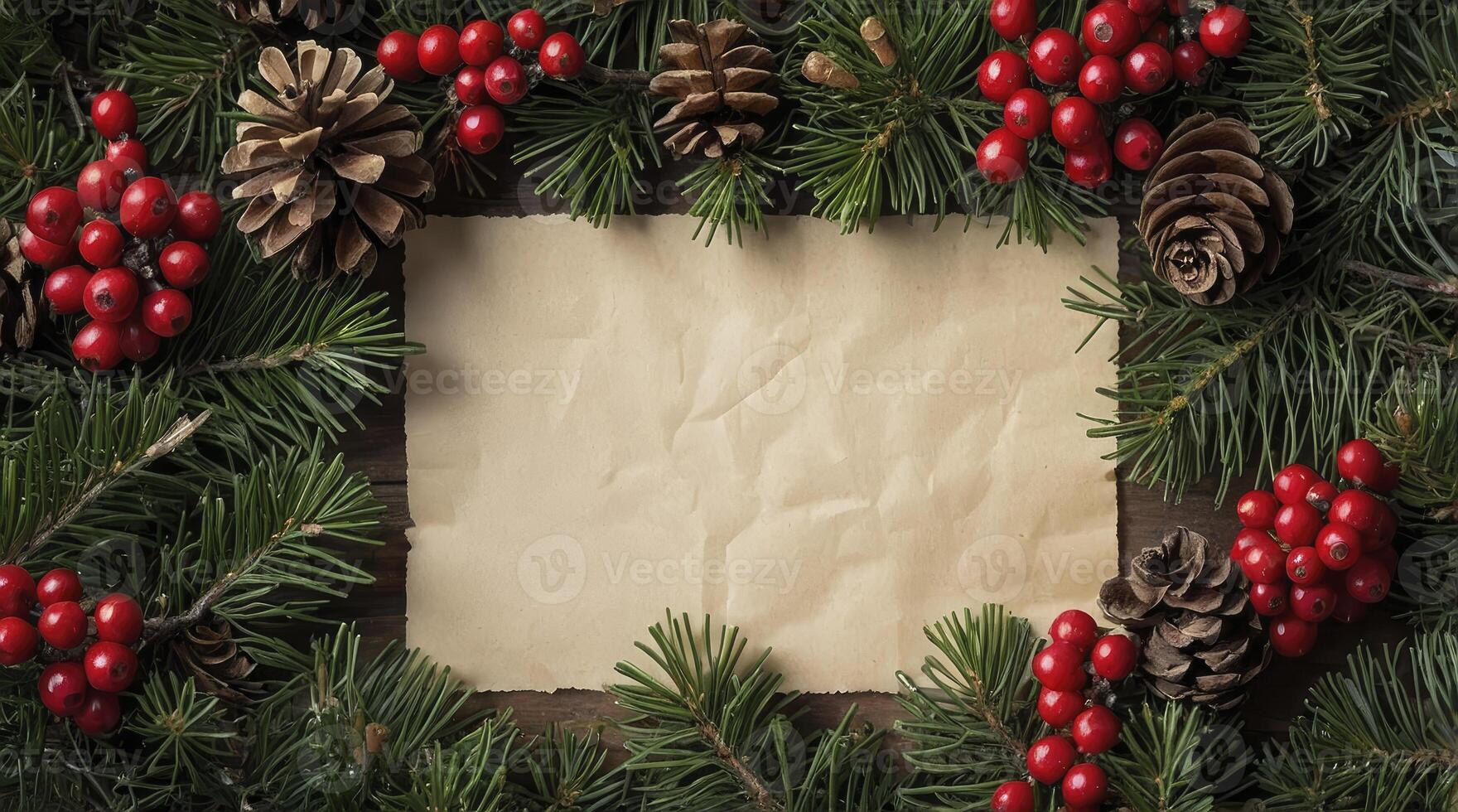 Christmas Decoration Frame with Pine Branches Berries and Paper photo