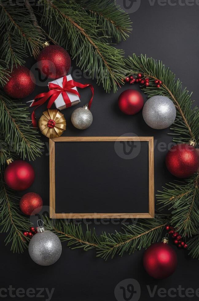 Christmas Decoration with Frame Fir Branches and Ornaments on Black Background photo