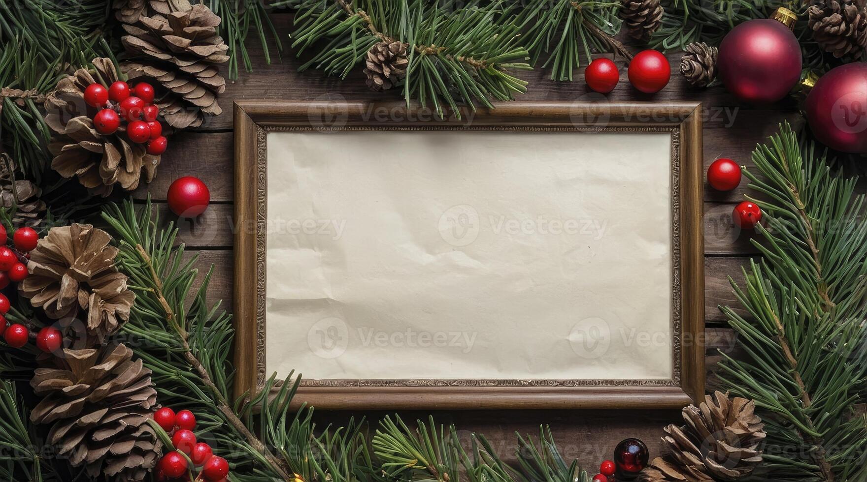 Christmas Decoration Frame with Pine Cones Berries and Ornaments on Wood photo