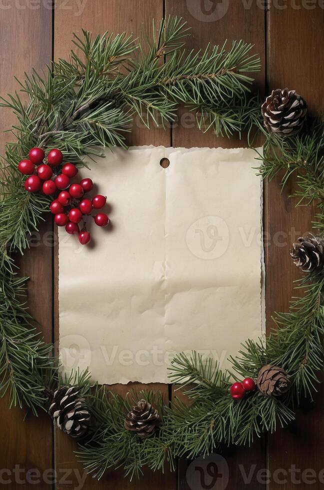Pine Branch Wreath with Blank Paper and Red Berries on Wood photo