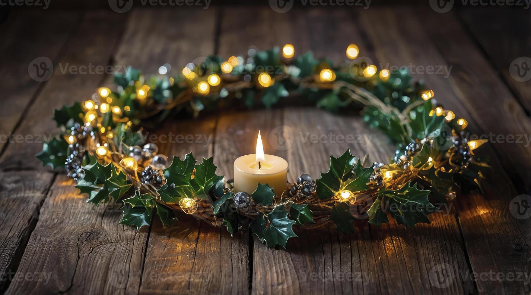 Burning Candle with Holly Wreath and Lights on Wood Table photo