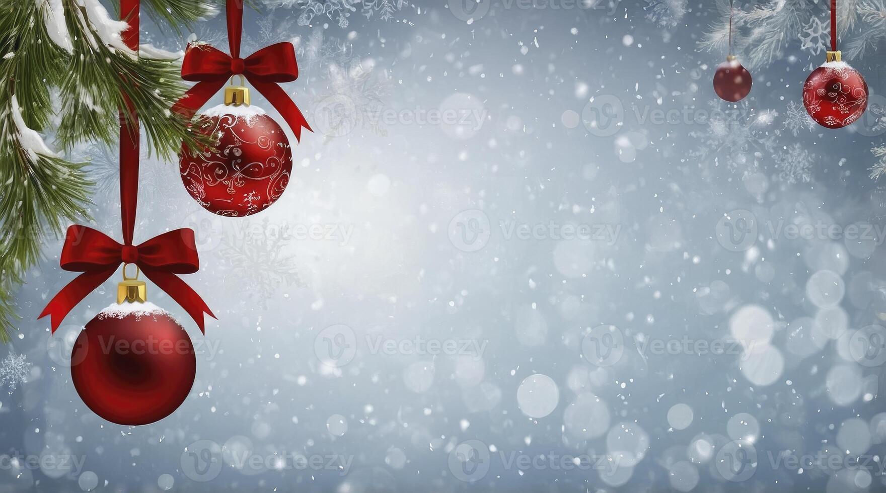 Hanging Christmas Baubles on Tree with Snowflakes and Blurred Lights photo