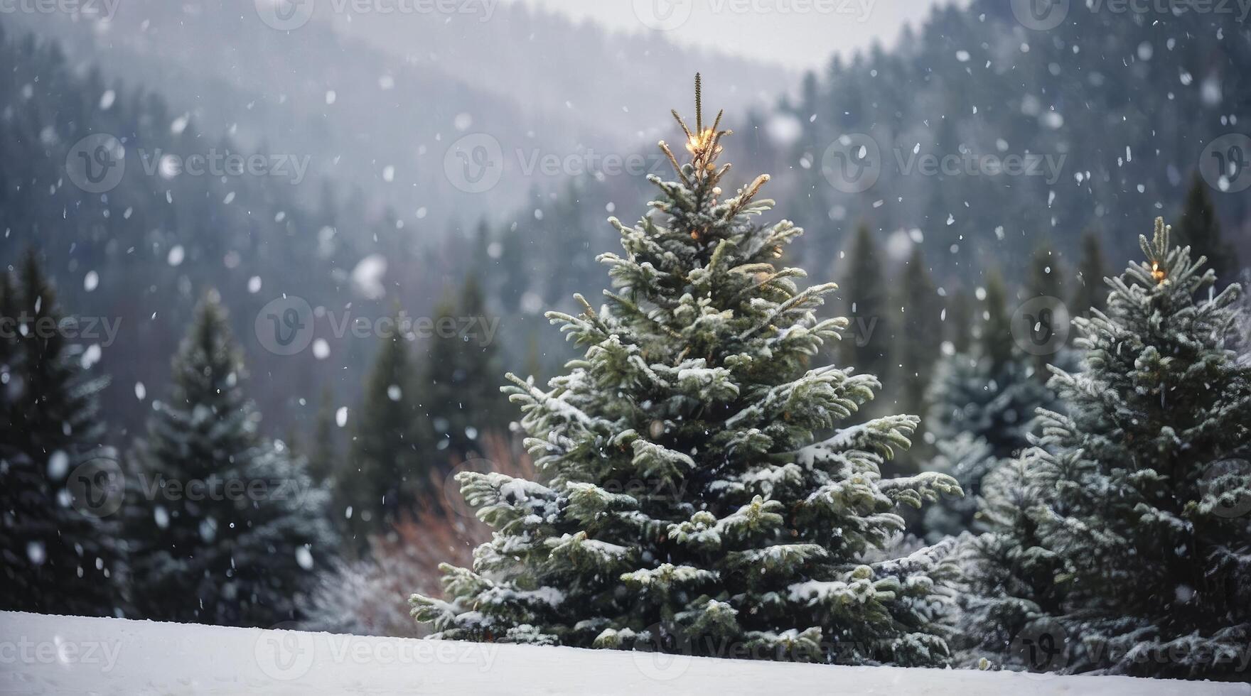A snow covered pine tree in the middle of a forest photo