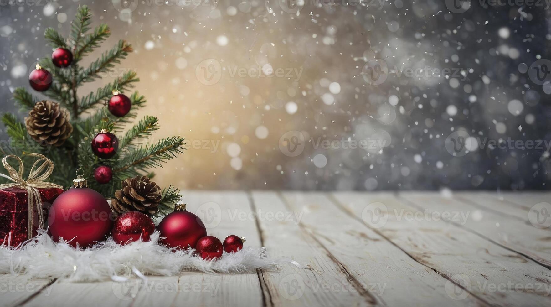 Christmas Tree and Red Ornaments on Wooden Table with Falling Snow photo