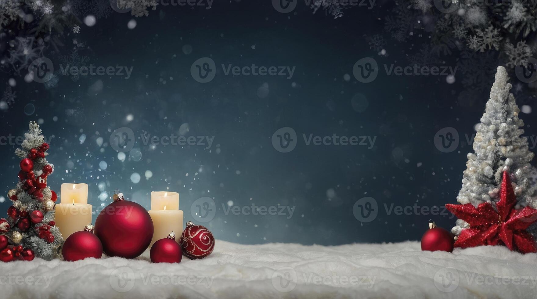 Christmas Decorations with Red Ornaments Candles and Trees on Snowy Background photo