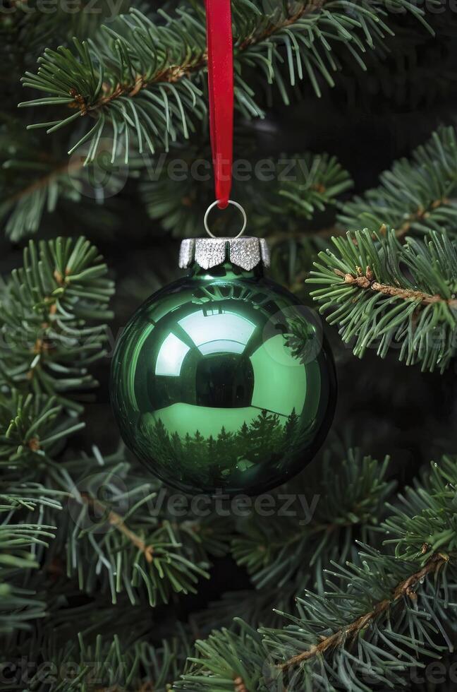 Hanging Green Christmas Ornament on a Tree with Red Ribbon Decor photo